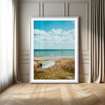 21725303-MGV-CV-24X36-Coastal Serenity Wall Art Canvas Print, Framed Ocean View Art Picture Print, Rustic Boat Perfect Nautical Coastal Decor Artwork