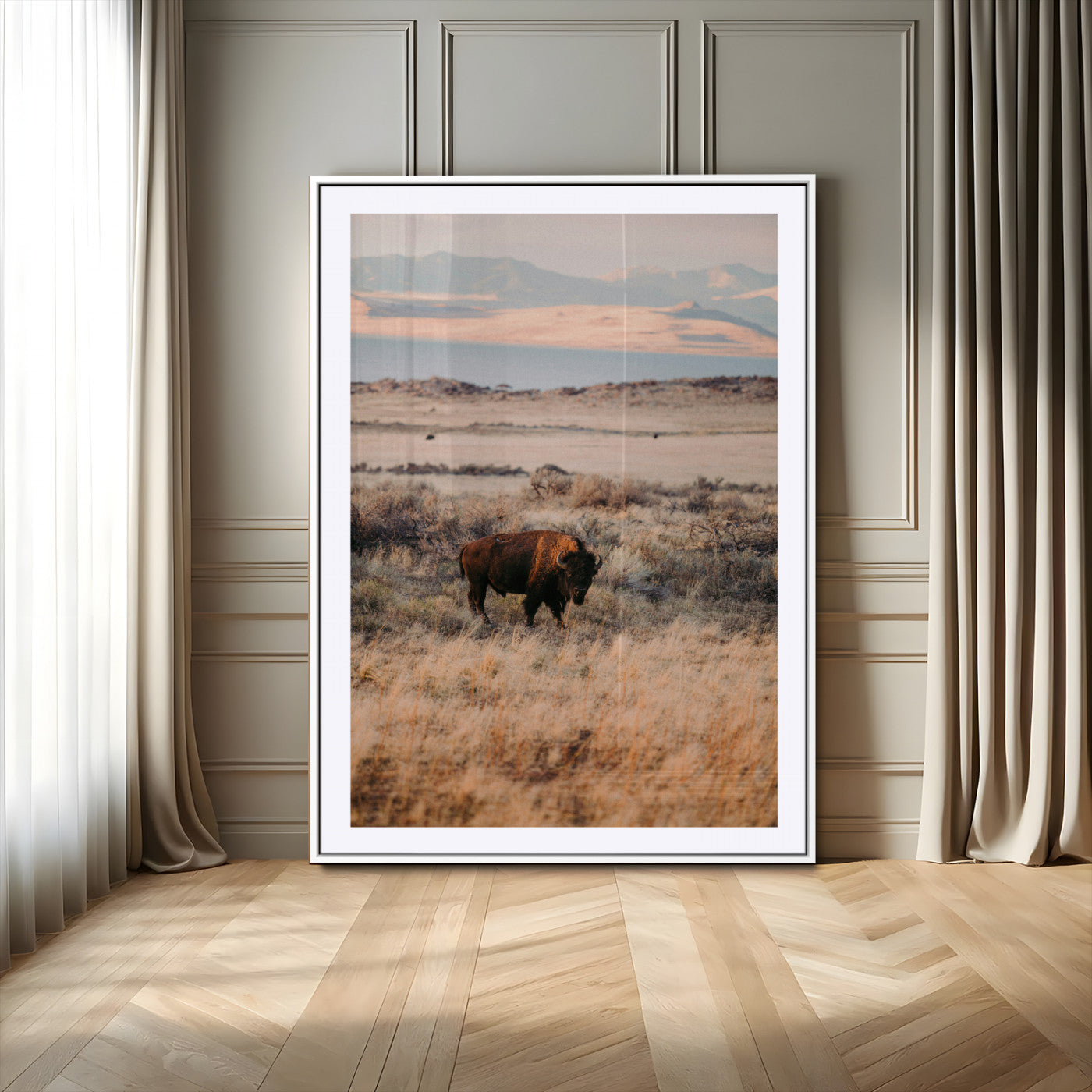75146693-MGV-CV-24X36-Solitary Buffalo Wall Art Canvas Print, Framed Golden Prairie Art Picture Print, Earthy Tones Perfect Rustic Western Decor Artwork