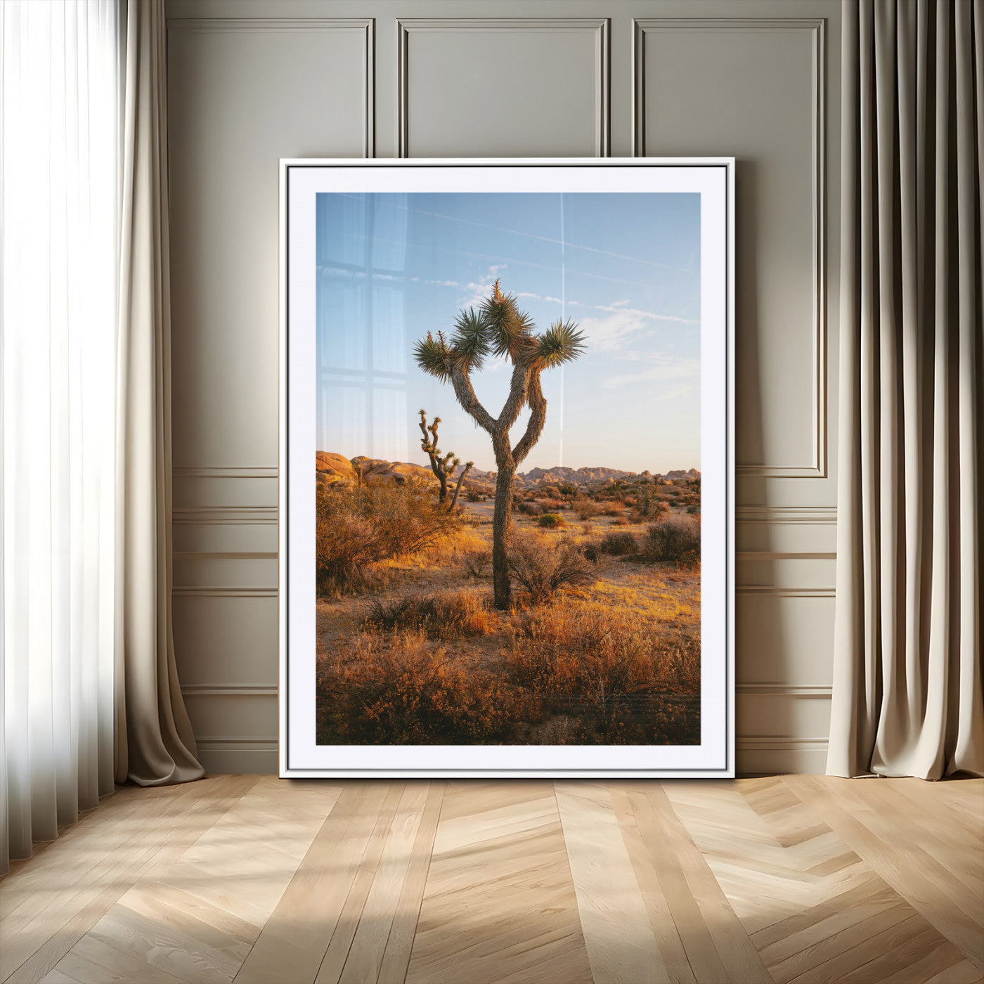 90776393-MGC-FP-24x36_White-Joshua Tree Wall Art Canvas Print, Framed Golden Hour Desert Art Picture Print, Sunset Glow Perfect Southwestern Boho Decor