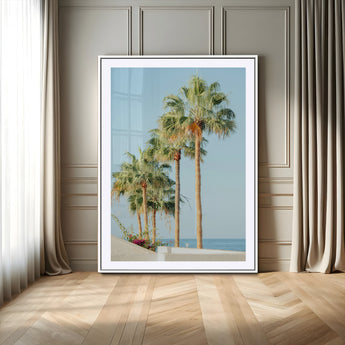 46777020-MGC-FP-24x36_White-Palm Tree Wall Art – Coastal Canvas Print with Tall Palms and Blue Sky, Minimal Tropical Photography, Relaxing Beach Decor for