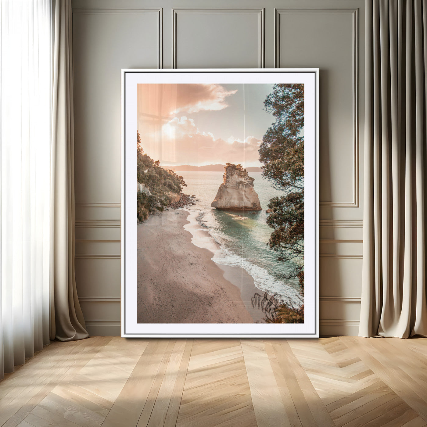 34220311-MGV-CV-24X36-Coastal Rock Wall Art – Sunset Beach Canvas Print with Ocean Waves and Golden Light, Scenic Seaside Photography for Bedroom,