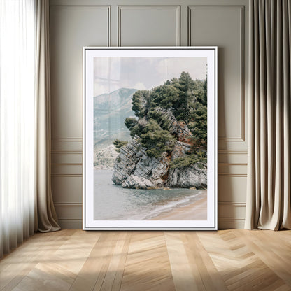 82638964-MGV-CV-24X36-Coastal Wall Art – Rocky Cliff and Pine Trees Canvas Print, Scenic Mountain and Shoreline Photography Decor for Bedroom, Living