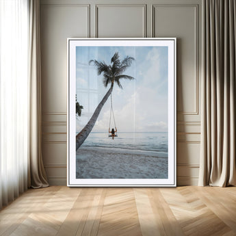 62893825-MGV-CV-24X36-Tropical Palm Tree Swing Wall Art – Ocean Beach Photography Print, Coastal Decor, Wanderlust Travel Photo for Boho Homes & Beach