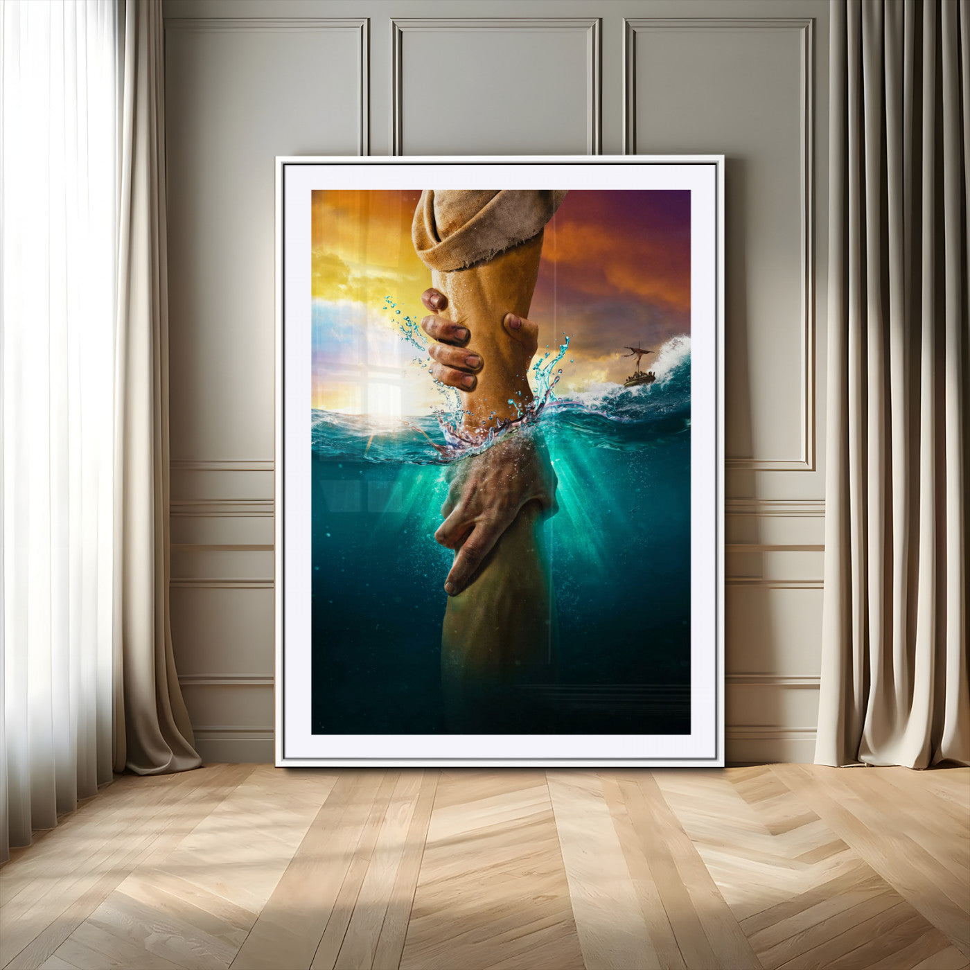 68298058-MGV-CV-24X36-Inspirational Wall Art – Helping Hands Canvas Print, Powerful Ocean and Light Photography Decor for Bedroom, Living Room, Office