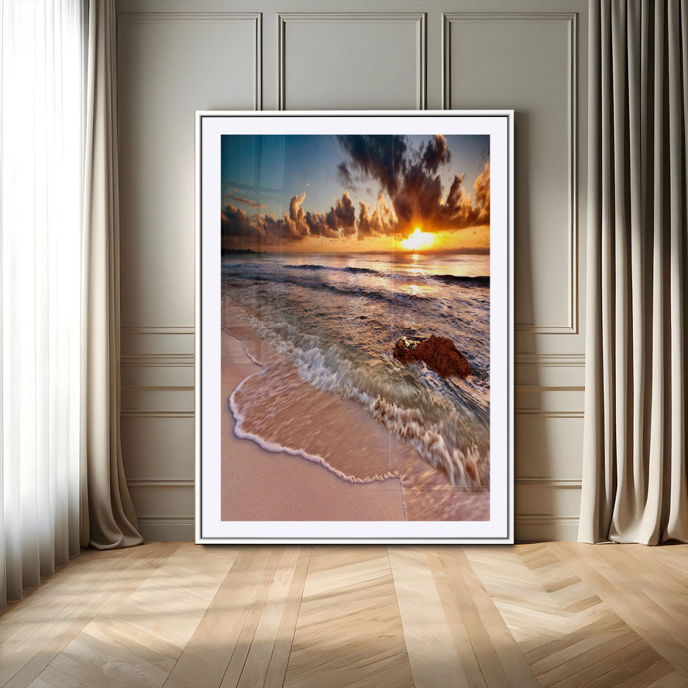 14930-MGV-CV-24X36-Beach Sunset Wall Art Canvas Print, Framed Ocean Horizon Art Picture Print, Tropical Shore Perfect Minimalist Coastal Decor