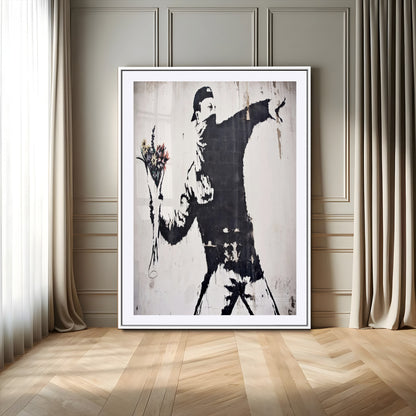 64032-MGV-CV-24X36-Flower Thrower Wall Art Canvas Print, Framed Urban Protest Art Picture Print, Graffiti Style Perfect Urban Contemporary Decor