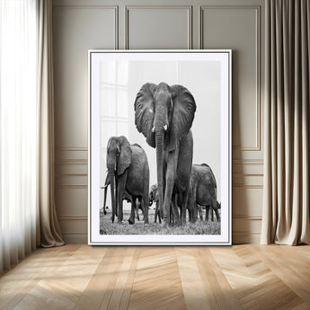 79634-MGV-CV-24X36-Elephant Herd Wall Art Canvas Print, Framed African Elephant Art Picture Print, Monochrome Wildlife Perfect Monochrome Safari