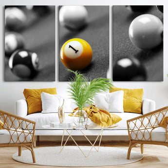 52108-MGV-CV-36X24-Precision Pool Table Wall Art – Close Up Yellow 1 Ball Canvas Print, Hand-Played Billiards Game Decor for Office, Game Room, or