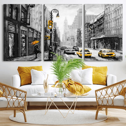 32362-MGV-CV-36X24-NYC Street Wall Art – Black and White Cityscape with Yellow Taxis and Umbrella Canvas Print, Urban Home Decor for Living Room or