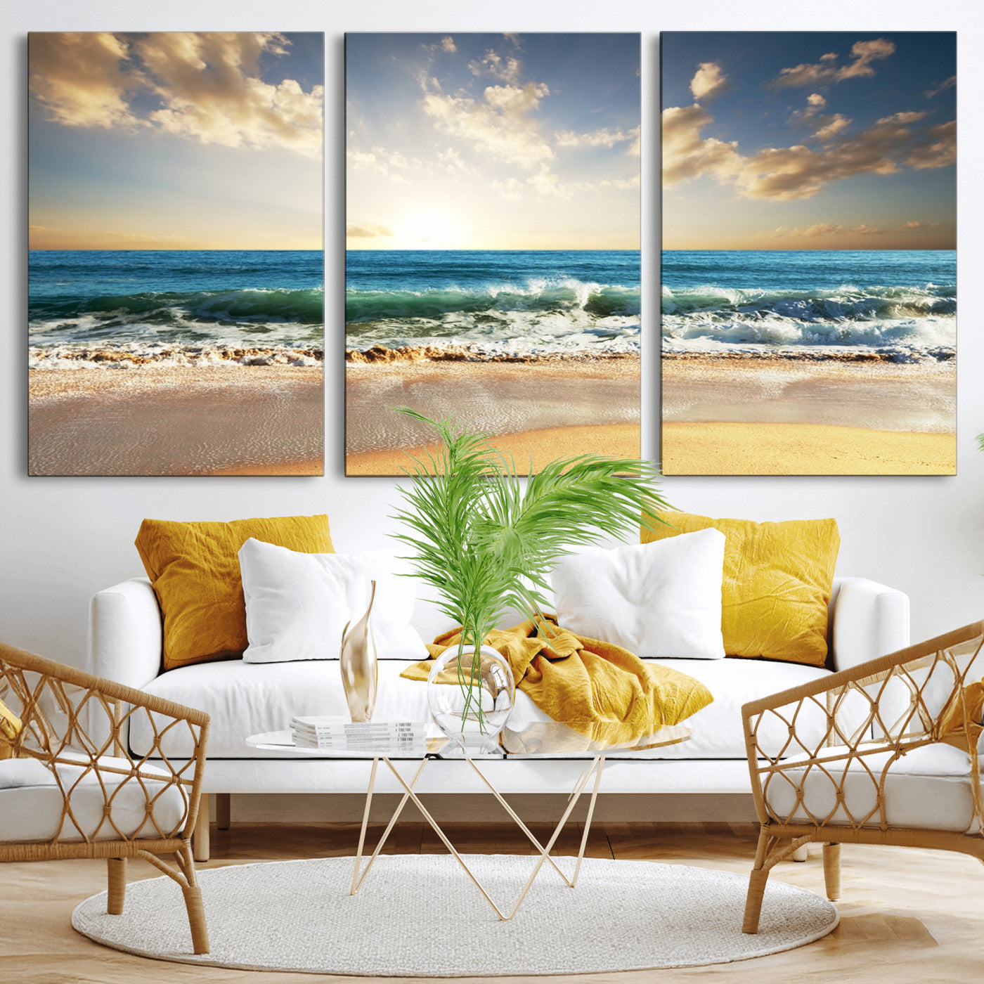 13139-MGV-CV-36X24-Sunrise Beach Wall Art – Ocean Waves and Golden Sand Canvas Print, Coastal Home Decor for Living Room, Bedroom, or Office