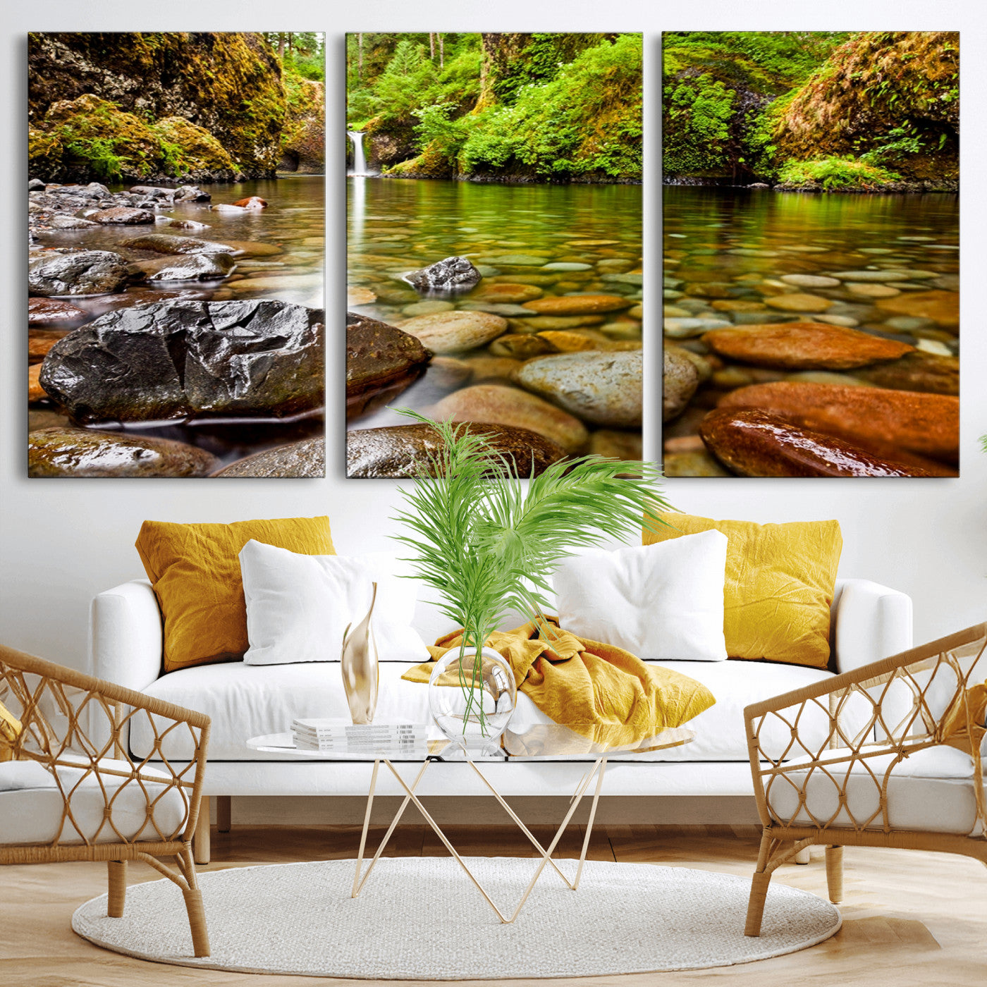 98096-MGV-CV-36X24-Serene River Waterfall Nature Photo – Calm Clear Water, Vibrant Green Forest and Smooth Stones Landscape Wall Art for Home or