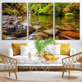 98096-MGV-CV-36X24-Serene River Waterfall Nature Photo – Calm Clear Water, Vibrant Green Forest and Smooth Stones Landscape Wall Art for Home or