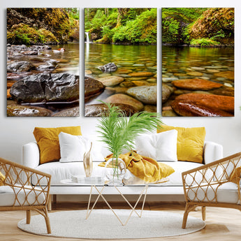 98096-MGV-CV-36X24-Serene River Waterfall Nature Photo – Calm Clear Water, Vibrant Green Forest and Smooth Stones Landscape Wall Art for Home or