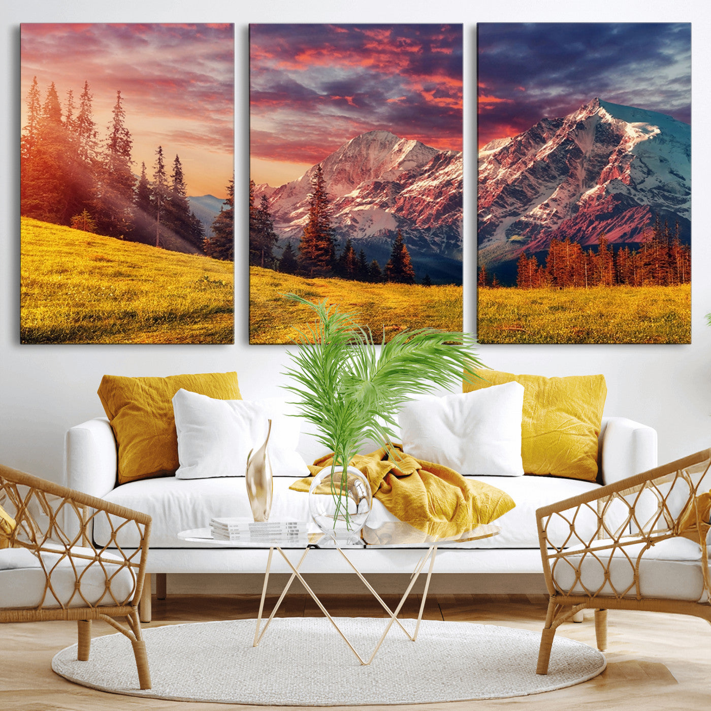83947-MGV-CV-36X24-Sunset Mountain Landscape Wall Art – Panoramic Alpine Meadow and Snow Capped Peaks Canvas Print, Nature Scenic Decor for Home,