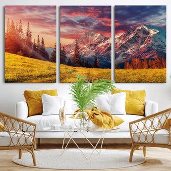 83947-MGV-CV-36X24-Sunset Mountain Landscape Wall Art – Panoramic Alpine Meadow and Snow Capped Peaks Canvas Print, Nature Scenic Decor for Home,