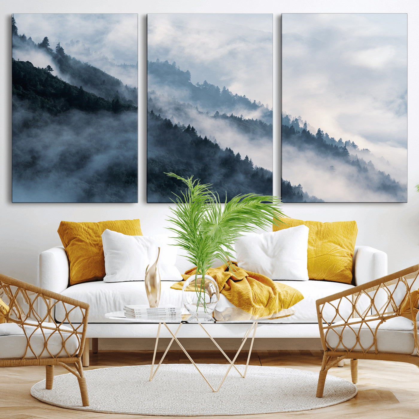 85737-MGV-CV-60X30-3P-Misty Mountain Wall Art – Atmospheric Pine Forest Canvas Print with Fog and Mist, Calm Nature Decor for Living Room, Bedroom,