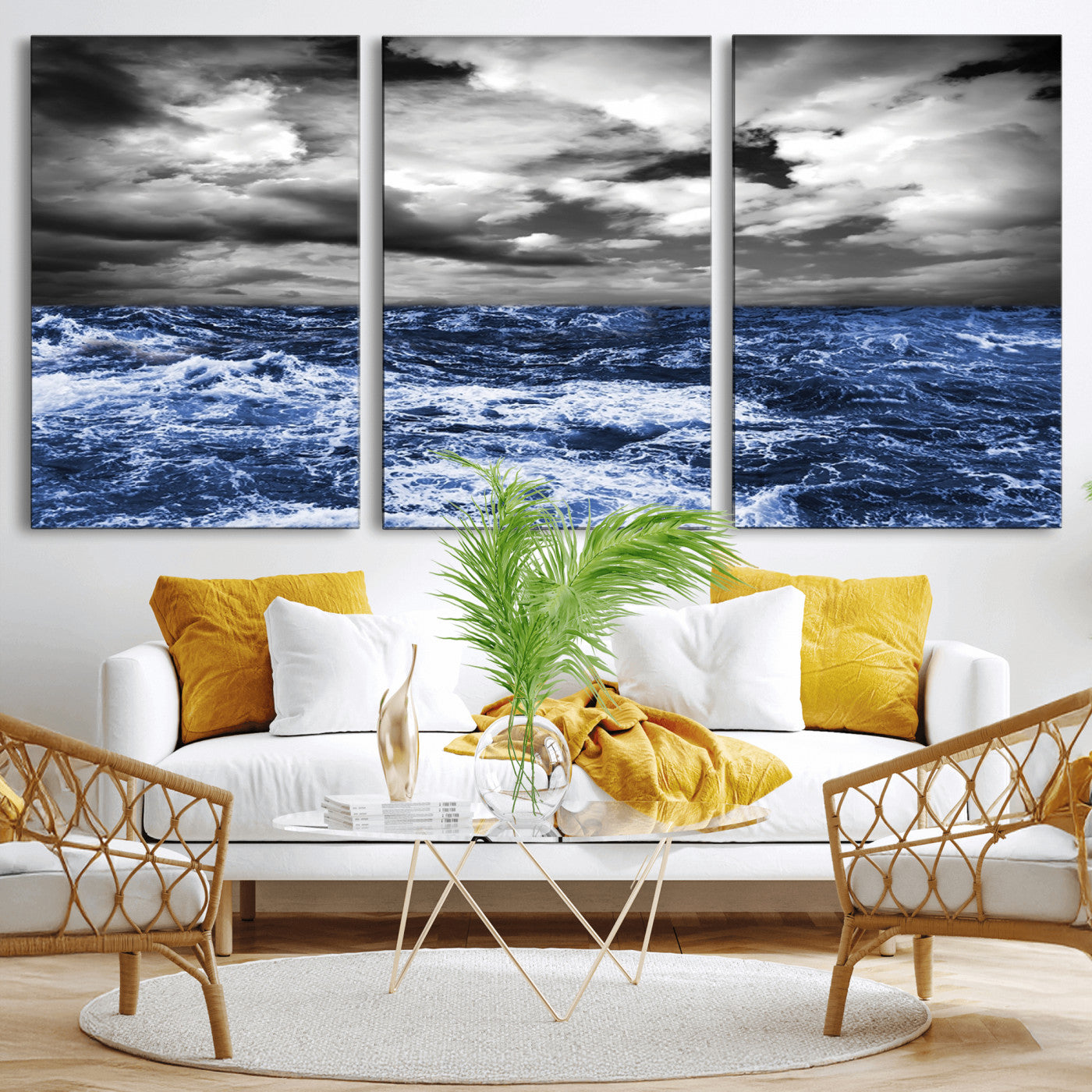 36012-MGV-CV-36X24-Dramatic Stormy Ocean Waves Black and White with Deep Blue Highlights – Moody Seascape Wall Art, Nature Photography Print for Home