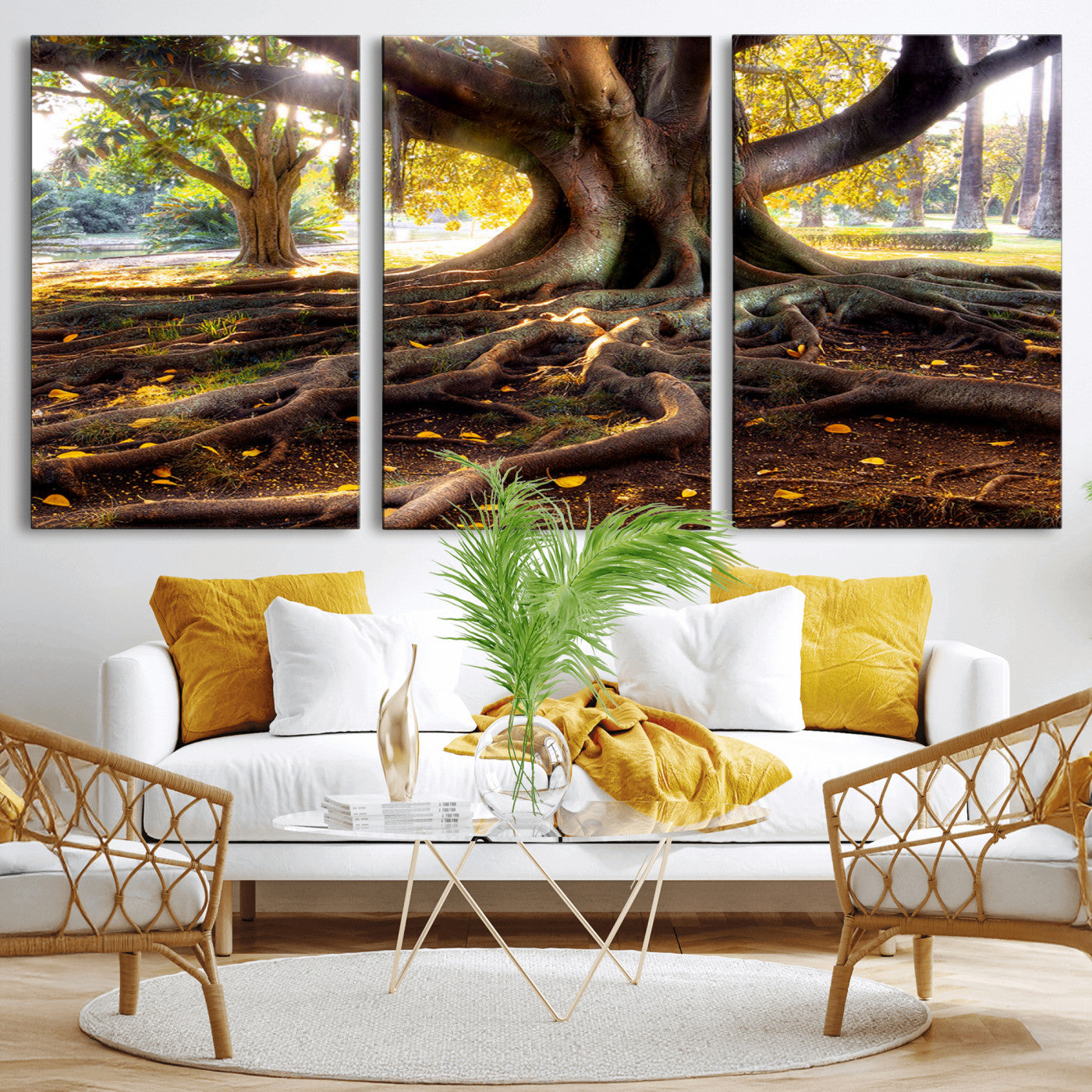53335-MGV-CV-36X24-Majestic Tree with Sprawling Roots Wall Art – Serene Sunlit Park Scene, Nature Canvas Print, Perfect for Living Room, Office or