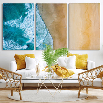 46640-MGV-CV-36X24-Aerial Beach Wall Art – Turquoise Waves and Golden Sand Canvas Print with Lone Surfer, Coastal Ocean Decor for Living Room,