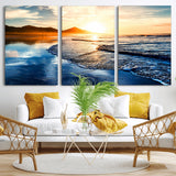 86173-MGV-CV-36X24-Golden Sunset Beach Wall Art – Reflective Ocean Canvas Print with Mountains and Waves, Coastal Nature Decor for Living Room,