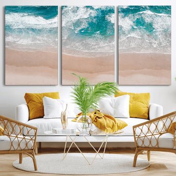 39236-MGV-CV-60X30-3P-Ocean Beach Wall Art – Aerial View of Waves and Sand Canvas Print, Coastal Home Decor for Living Room, Bedroom, Office or Beach