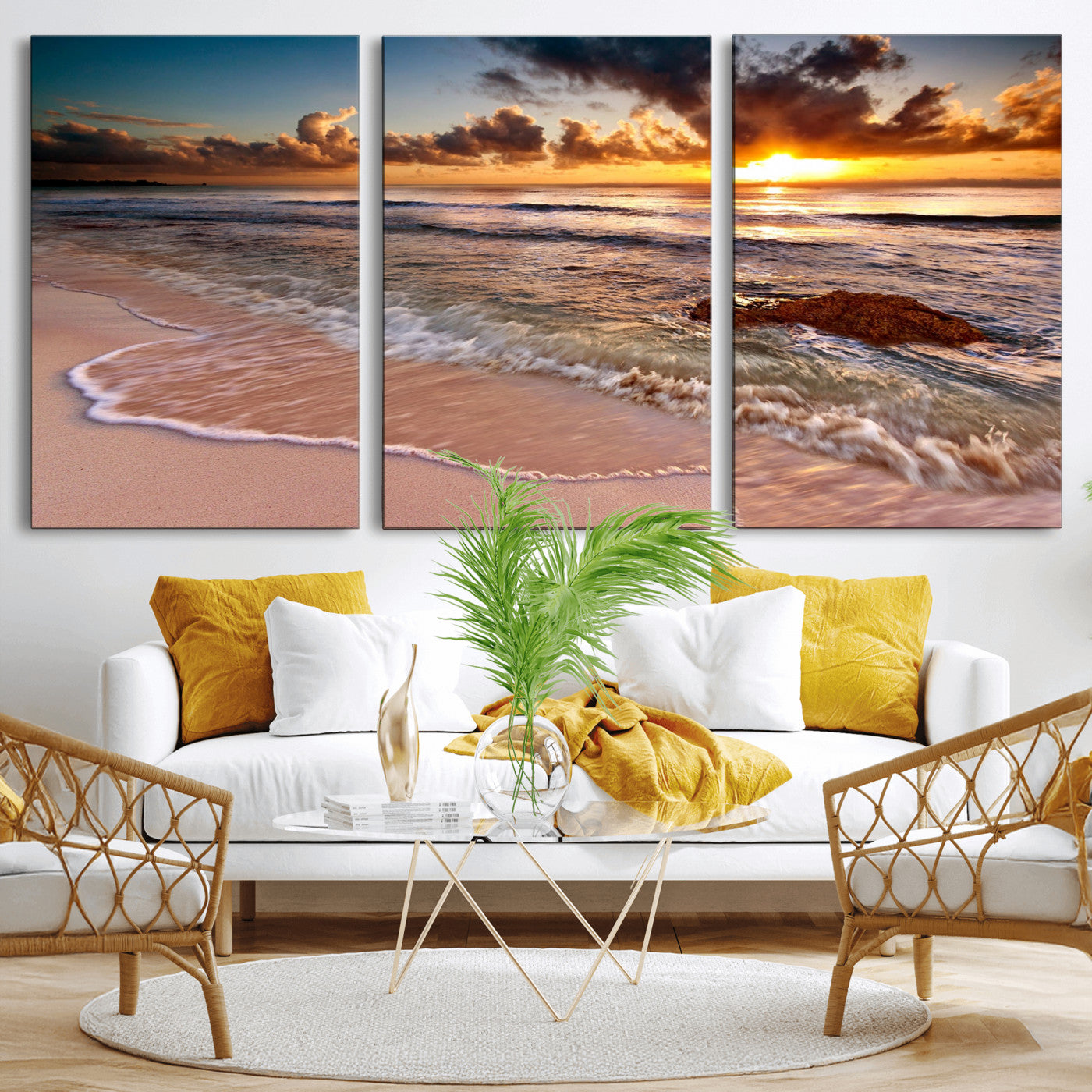 38302-MGV-CV-36X24-Sunset Beach Wall Art – Stunning Ocean Waves and Rock Canvas Print, Warm Coastal Decor for Living Room, Bedroom, Office or Beach