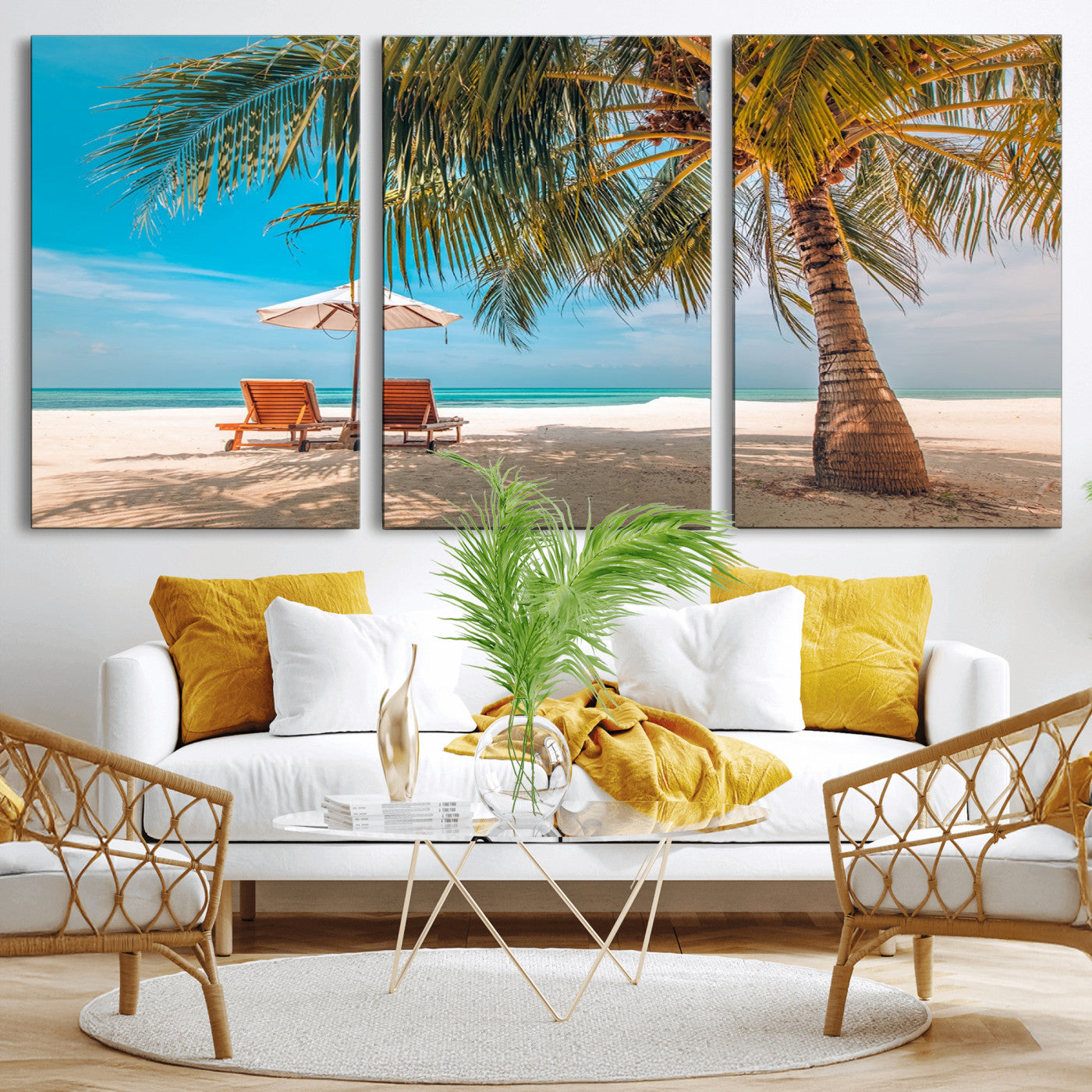69754-MGV-CV-36X24-Tropical Beach Wall Art – Relaxing Palm Tree and Lounge Chairs Canvas Print, Serene Coastal Decor for Living Room, Bedroom, Office