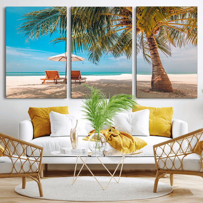 69754-MGV-CV-36X24-Tropical Beach Wall Art – Relaxing Palm Tree and Lounge Chairs Canvas Print, Serene Coastal Decor for Living Room, Bedroom, Office