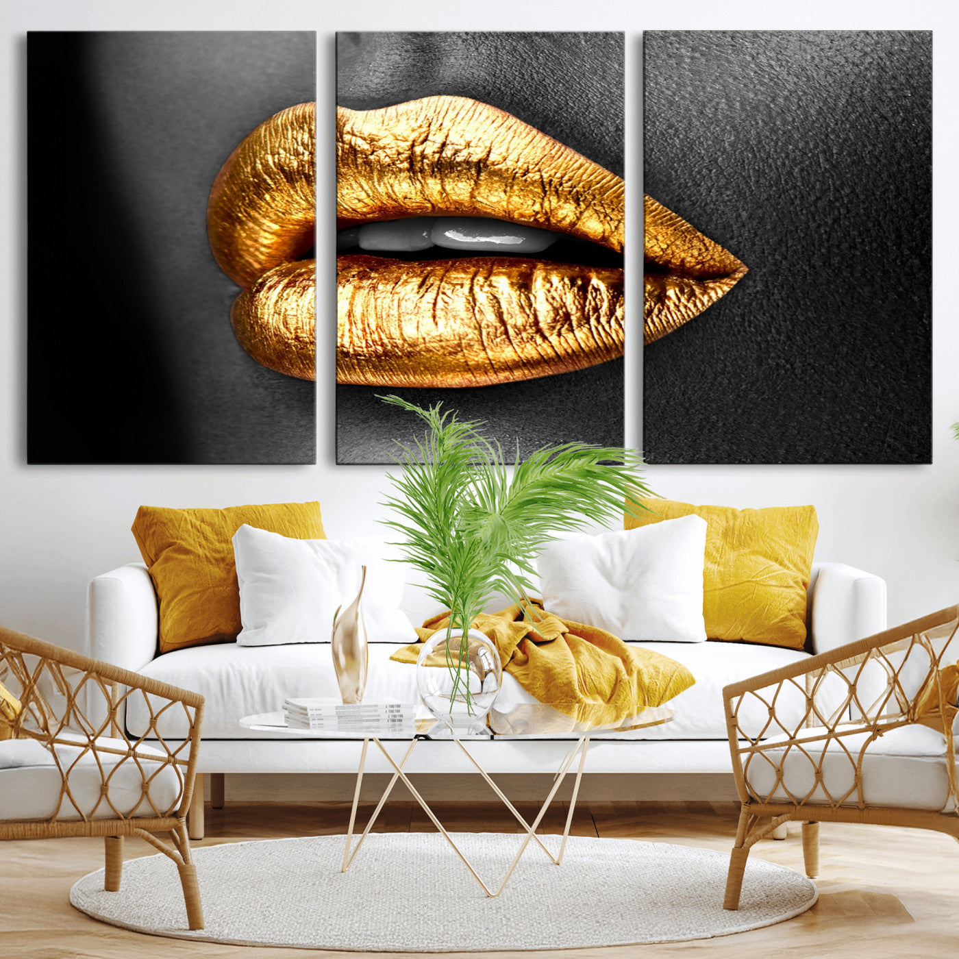 84747-MGV-CV-36X24-Golden Lips Black & White Portrait – Glamorous Metallic Lip Art Print, Modern Wall Decor for Bedroom, Beauty & Fashion Lover Gift