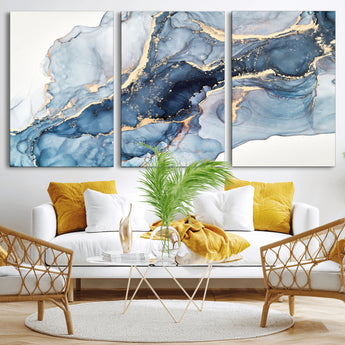 33782-MGV-CV-36X24-Abstract Marble Wall Art – Blue & Gold Fluid Painting Canvas Print, Modern Home Decor for Living Room, Bedroom or Office