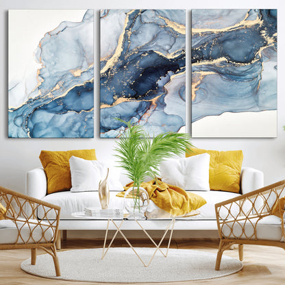 33782-MGV-CV-36X24-Abstract Marble Wall Art – Blue & Gold Fluid Painting Canvas Print, Modern Home Decor for Living Room, Bedroom or Office