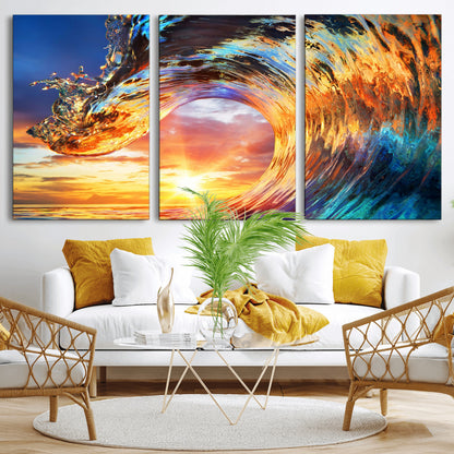 52890-MGV-CV-36X24-Surfing Wave Wall Art Canvas Print, Framed Sunset Ocean Art Picture Print, Ocean Wave Perfect Nautical Decor Artwork