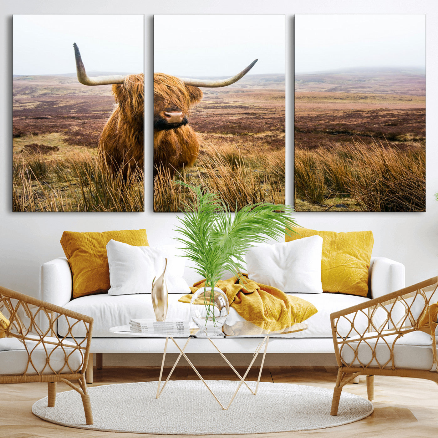 79391-MGV-CV-36X24-Majestic Highland Cow in Misty Scottish Moorland – Rustic Natural Charm, Perfect for Unique Home or Office Decor