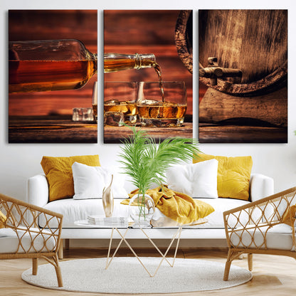 21266-MGV-CV-36X24-Pouring Whiskey into Glasses with Ice – Rustic Wooden Barrel Background, Warm Ambient Lighting, Ideal Decor for Home or Office