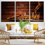 41139-MGV-CV-36X24-Whiskey and Cigar Still Life – Glasses with Ice and Pouring Amber Drink on Wooden Table with Smoke, Elegant Bar or Lounge Wall