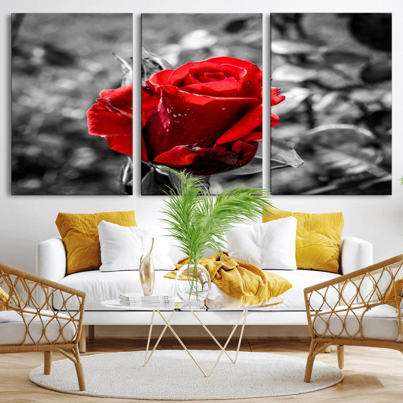 84671-MGV-CV-36X24-Red Rose Wall Art – Vibrant Single Bloom Canvas Print with Black and White Background, Elegant Floral Decor for Living Room,