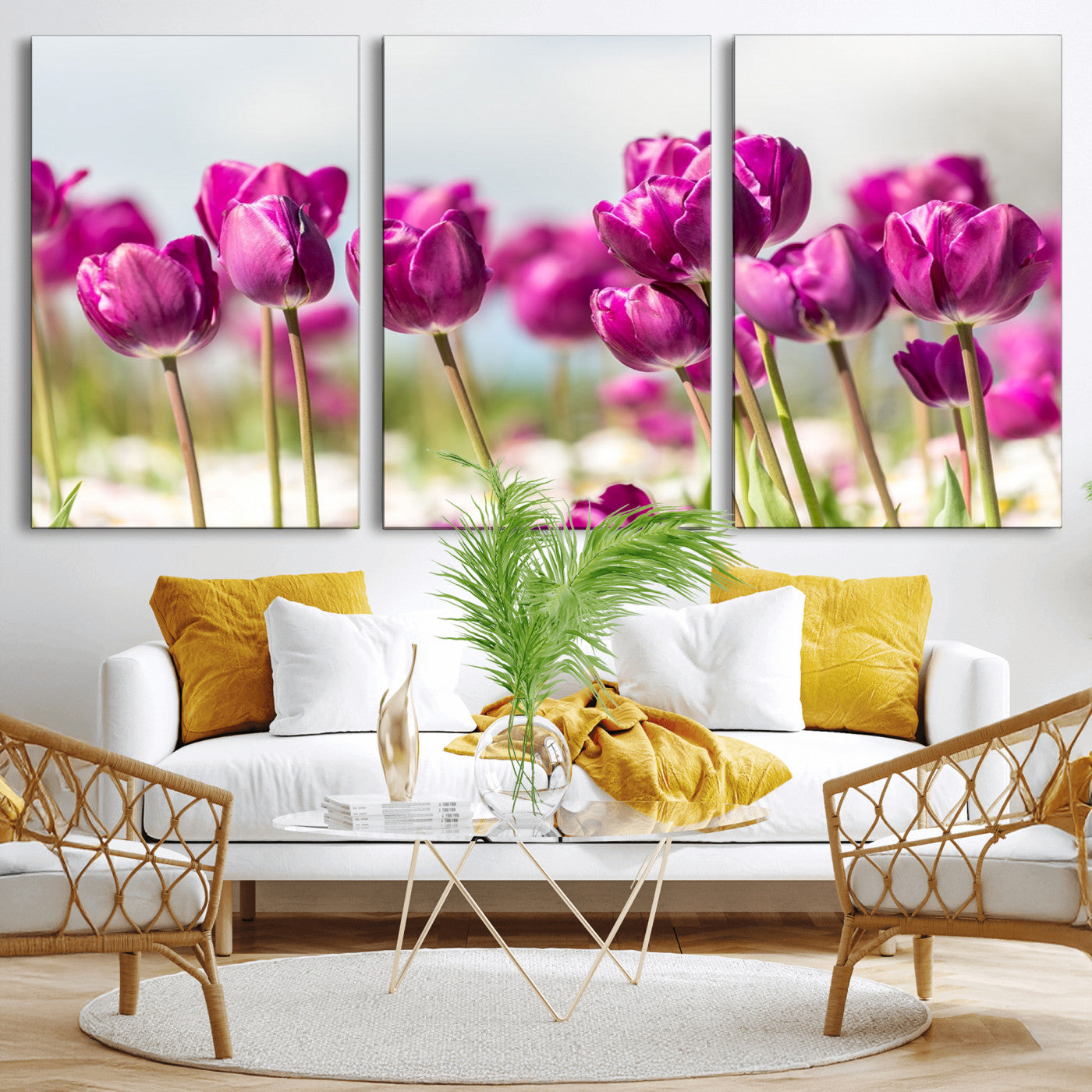 30632-MGV-CV-36X24-Purple Tulip Field Wall Art – Beautiful Spring Flowers Canvas Print with Soft Focus and Bright Sky, Ideal Floral Decor for Home or