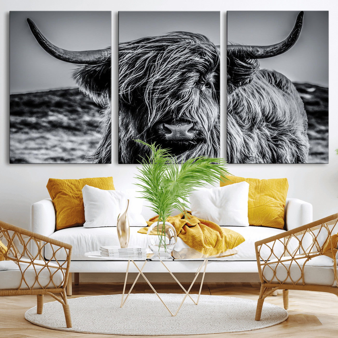 97372-MGV-CV-36X24-Elegant Highland Cow Wall Art – Black and White Canvas Print, Rustic Nature Decor for Home, Office, Living Room or Man Cave
