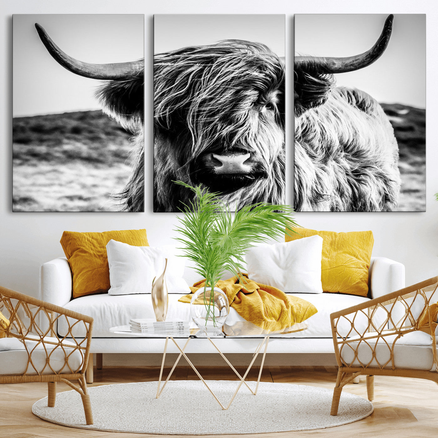 36979-MGV-CV-36X24-Striking black-and-white portrait of a Highland cow with flowing fur and majestic horns, perfect for rustic and elegant home or