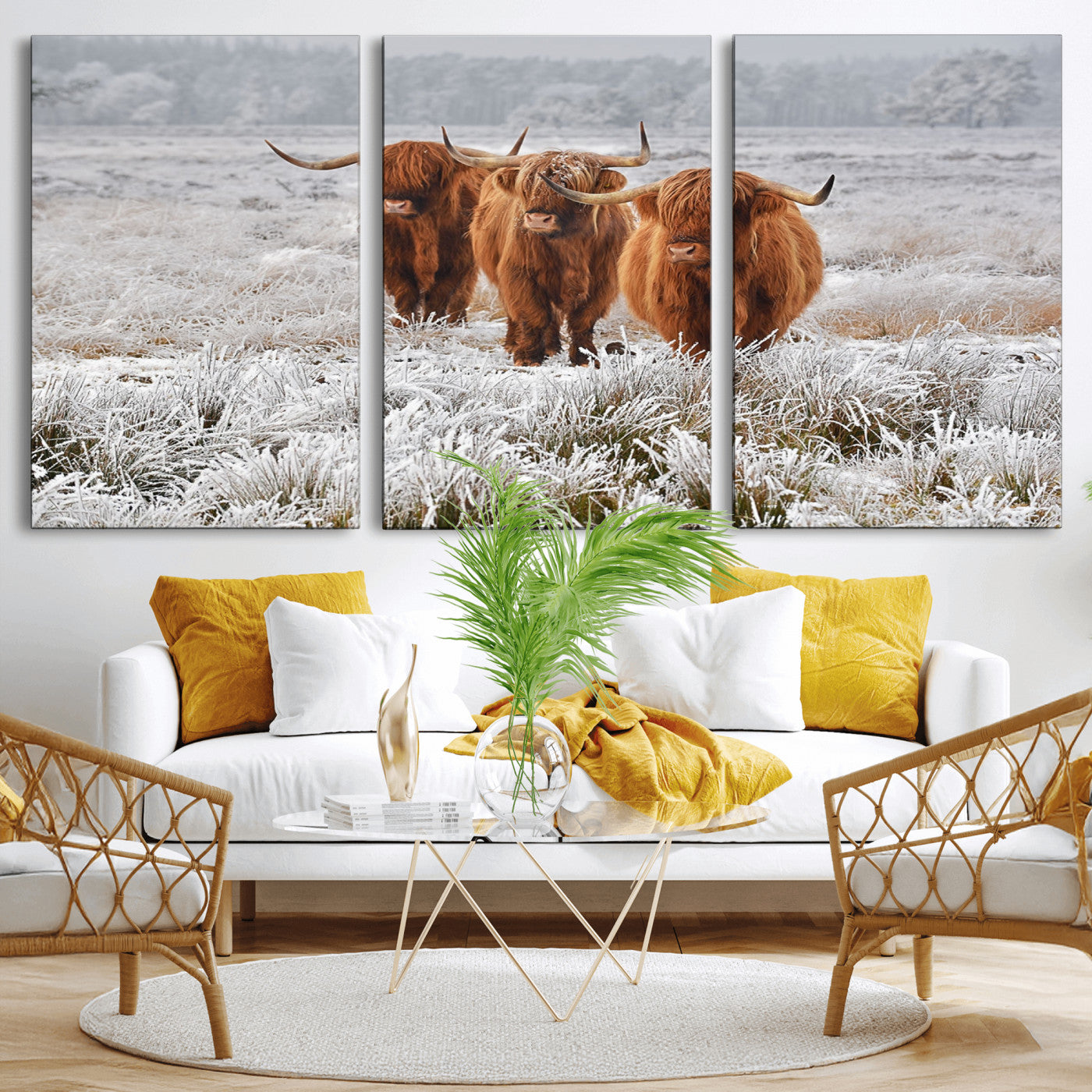 10396-MGV-CV-36X24-Highland Cattle Wall Art – Rustic Winter Landscape Canvas Print, Farmhouse Decor for Living Room, Office, Cabin or Country Home