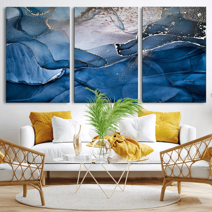 27810-MGV-CV-36X24-Abstract Blue Gold Fluid Art Wall – Modern Canvas Print, Elegant Home & Office Wall Art, Stylish Living Room or Bedroom Decor