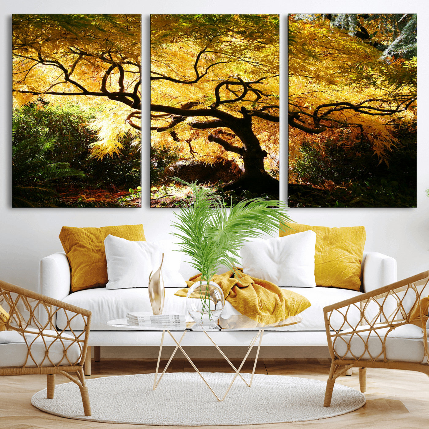 19067-MGV-CV-60X30-3P-Golden Canopy Wall Art – Panoramic Autumn Tree Canvas Print, Warm Seasonal Decor for Living Room, Office or Garden Space