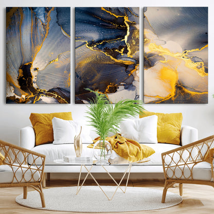 42100-MGV-CV-36X24-Golden Flow Abstract Wall Art – Panoramic Modern Blue and Gold Canvas Print, Contemporary Artistic Decor for Home, Office