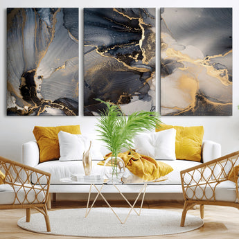 24068-MGV-CV-36X24-Luxury Abstract Wall Art – Gold & Gray Fluid Ink Painting Canvas, Modern Metallic Home Decor, Elegant Office or Living Room Accent
