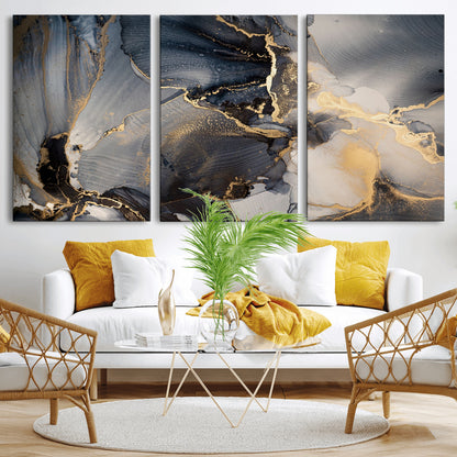 24068-MGV-CV-36X24-Luxury Abstract Wall Art – Gold & Gray Fluid Ink Painting Canvas, Modern Metallic Home Decor, Elegant Office or Living Room Accent