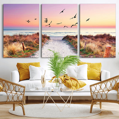 54411-MGV-CV-36X24-Beach Path with Birds Wall Art – Coastal Sunset Ocean Canvas Print, Seaside Nature Landscape Photography for Living Room, Bedroom