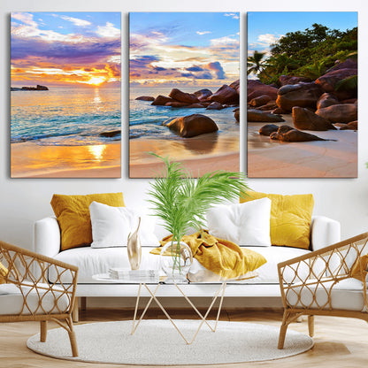43209-MGV-CV-36X24-Tropical Beach Sunset Wall Art – Golden Ocean Waves and Palm Trees with Rocky Shore Canvas Print, Coastal Seascape Decor for