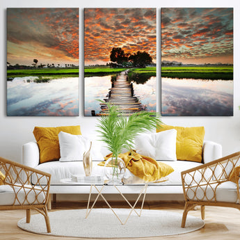 29105-MGV-CV-36X24-Rustic Wooden Bridge Wall Art – Scenic Sunset Over Rice Fields and Reflective Water Canvas Print, Nature Landscape Decor for