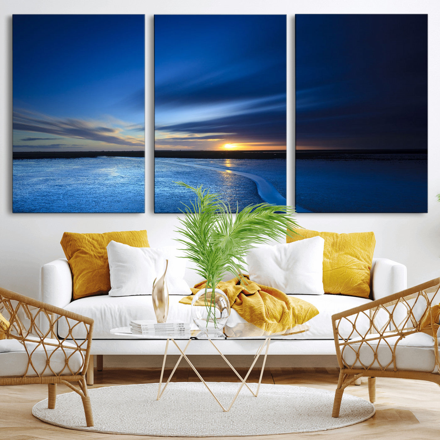 65405-MGV-CV-36X24-Blue Sunrise Seascape Wall Art – Tranquil Ocean Horizon Canvas Print with Golden Sunlight and Deep Sky, Coastal Landscape Decor