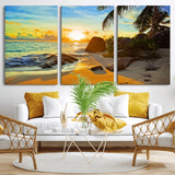 26181-MGV-CV-36X24-Golden Tropical Sunset Beach Wall Art – Ocean Canvas Print with Palm Trees and Rocks, Coastal Paradise Decor for Living Room or